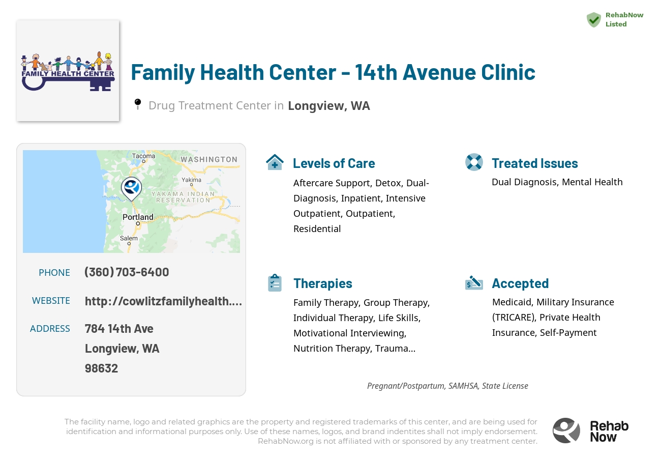 Helpful reference information for Family Health Center - 14th Avenue Clinic, a drug treatment center in Washington located at: 784 14th Ave, Longview, WA 98632, including phone numbers, official website, and more. Listed briefly is an overview of Levels of Care, Therapies Offered, Issues Treated, and accepted forms of Payment Methods.