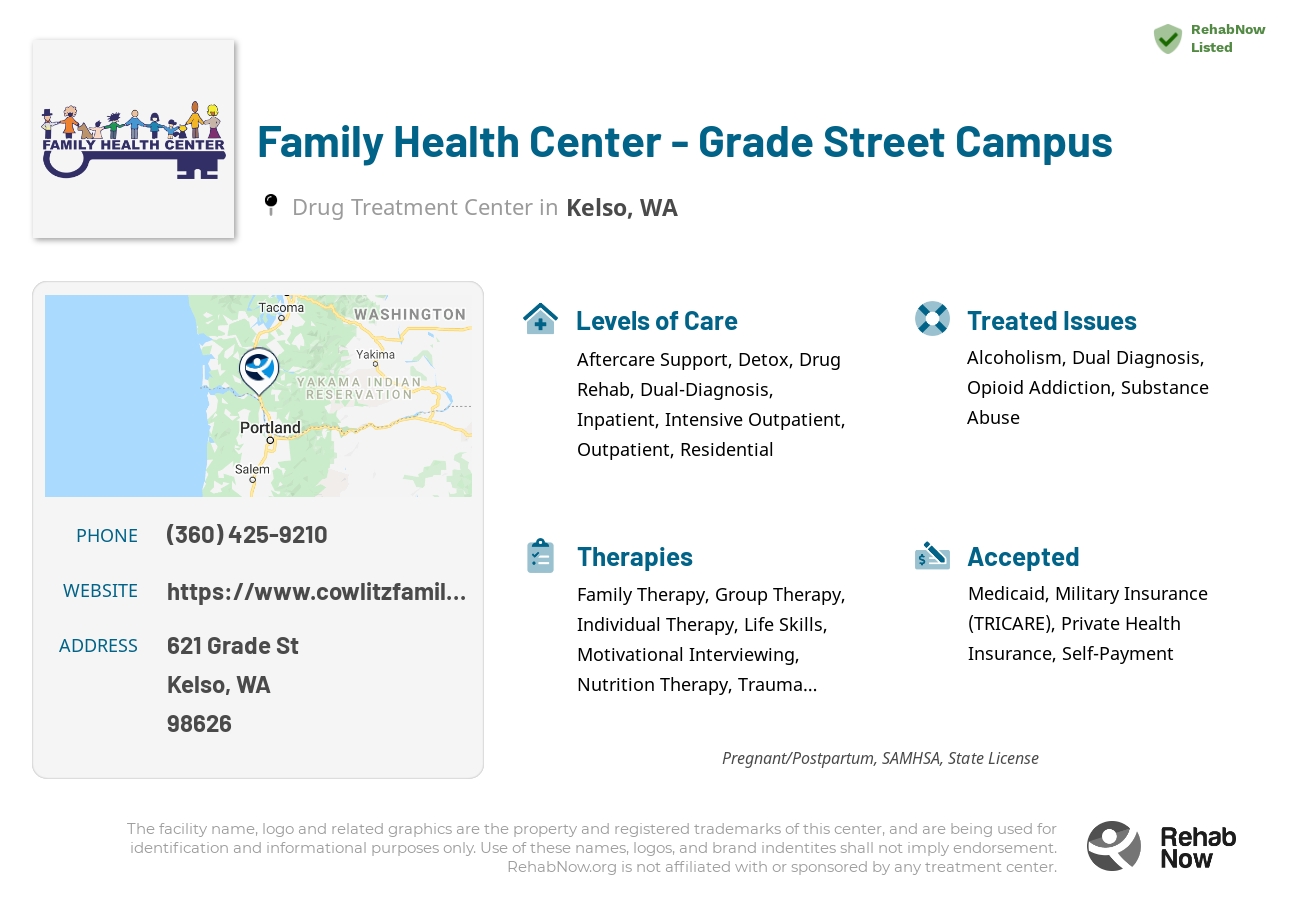 Helpful reference information for Family Health Center - Grade Street Campus, a drug treatment center in Washington located at: 621 Grade St, Kelso, WA 98626, including phone numbers, official website, and more. Listed briefly is an overview of Levels of Care, Therapies Offered, Issues Treated, and accepted forms of Payment Methods.