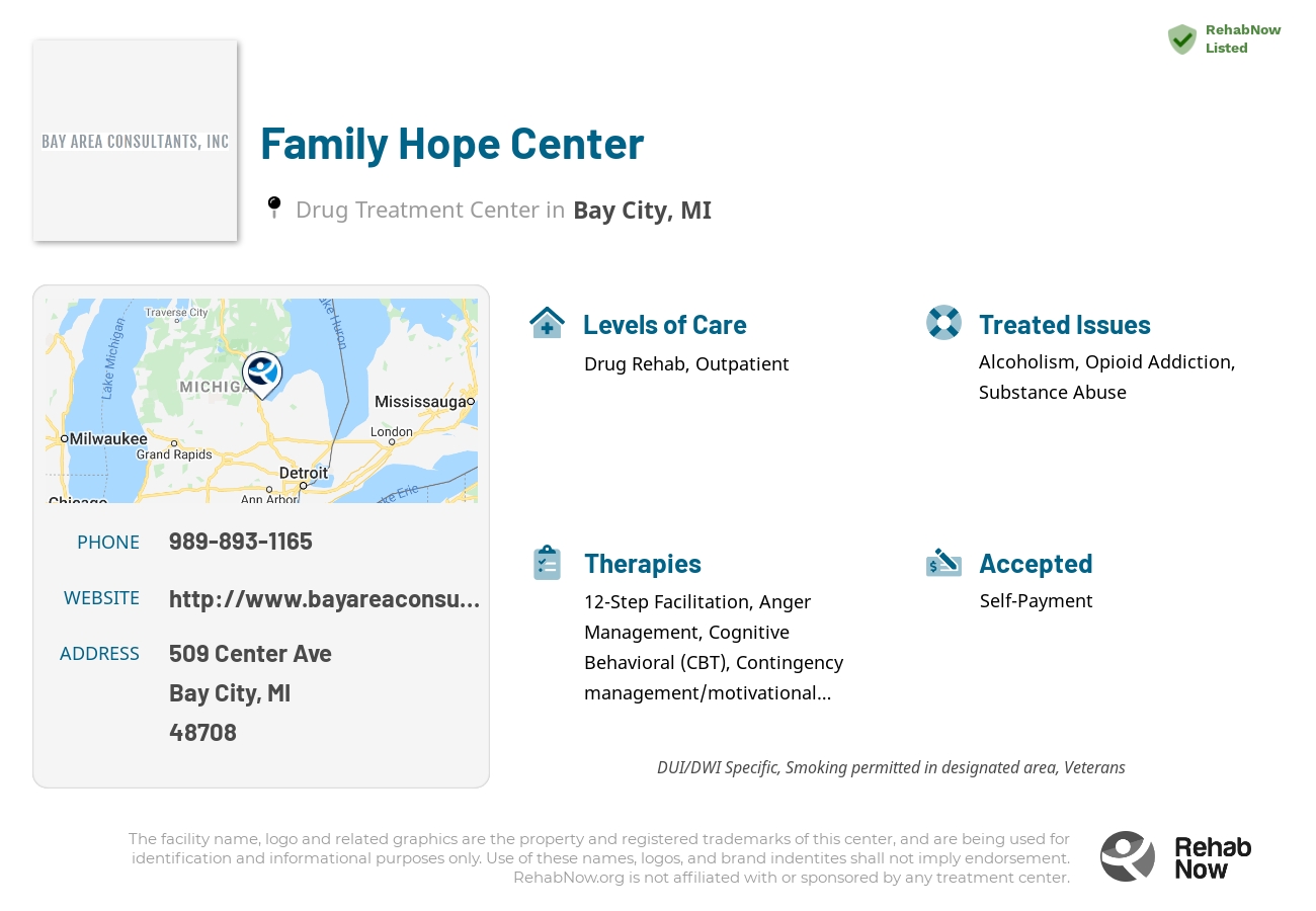 Helpful reference information for Family Hope Center, a drug treatment center in Michigan located at: 509 Center Ave, Bay City, MI 48708, including phone numbers, official website, and more. Listed briefly is an overview of Levels of Care, Therapies Offered, Issues Treated, and accepted forms of Payment Methods.