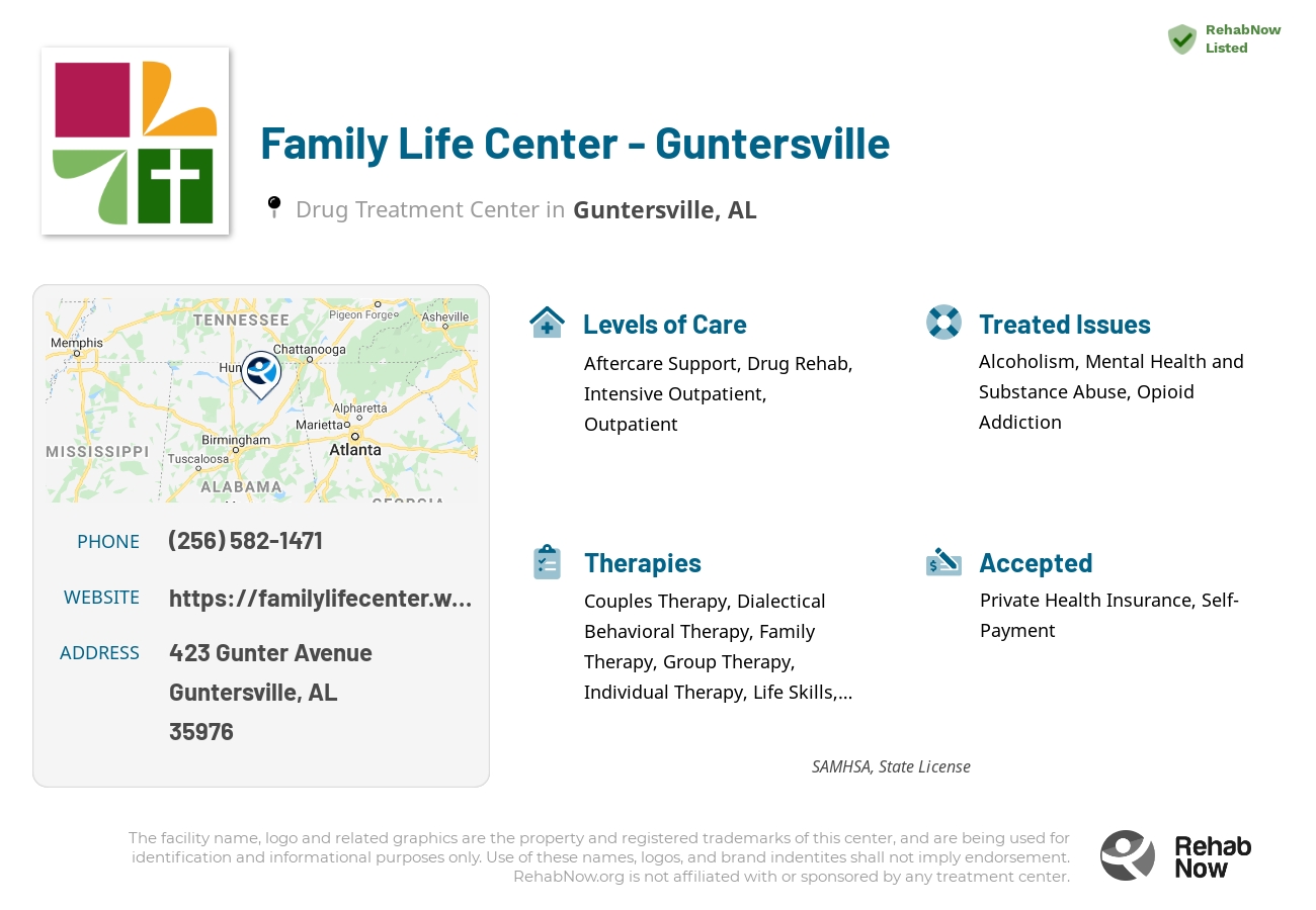 Helpful reference information for Family Life Center - Guntersville, a drug treatment center in Alabama located at: 423 Gunter Avenue, Guntersville, AL, 35976, including phone numbers, official website, and more. Listed briefly is an overview of Levels of Care, Therapies Offered, Issues Treated, and accepted forms of Payment Methods.