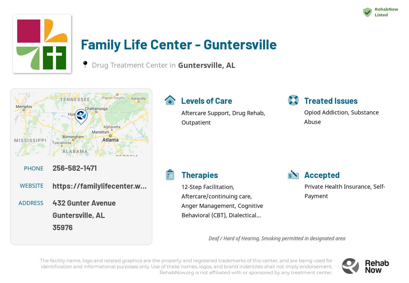 Helpful reference information for Family Life Center - Guntersville, a drug treatment center in Alabama located at: 432 Gunter Avenue, Guntersville, AL 35976, including phone numbers, official website, and more. Listed briefly is an overview of Levels of Care, Therapies Offered, Issues Treated, and accepted forms of Payment Methods.