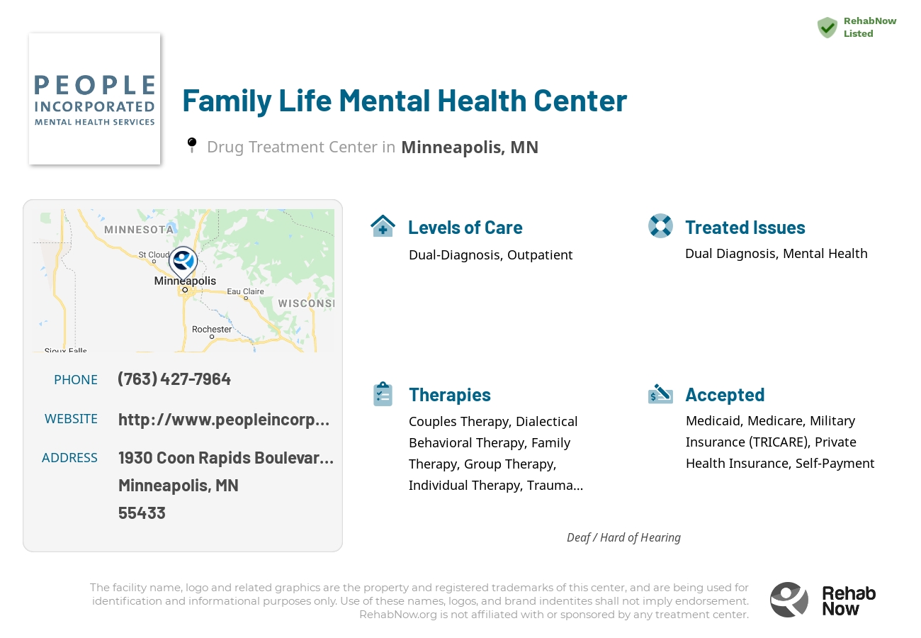 Helpful reference information for Family Life Mental Health Center, a drug treatment center in Minnesota located at: 1930 1930 Coon Rapids Boulevard Nw, Minneapolis, MN 55433, including phone numbers, official website, and more. Listed briefly is an overview of Levels of Care, Therapies Offered, Issues Treated, and accepted forms of Payment Methods.