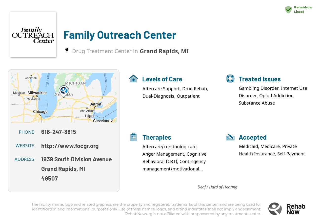 Helpful reference information for Family Outreach Center, a drug treatment center in Michigan located at: 1939 South Division Avenue, Grand Rapids, MI 49507, including phone numbers, official website, and more. Listed briefly is an overview of Levels of Care, Therapies Offered, Issues Treated, and accepted forms of Payment Methods.