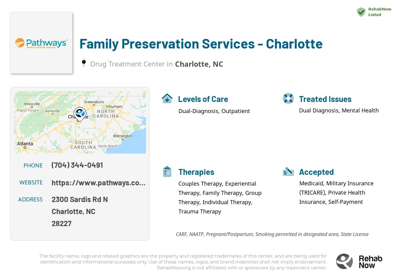 Helpful reference information for Family Preservation Services - Charlotte, a drug treatment center in North Carolina located at: 2300 Sardis Rd N, Charlotte, NC 28227, including phone numbers, official website, and more. Listed briefly is an overview of Levels of Care, Therapies Offered, Issues Treated, and accepted forms of Payment Methods.