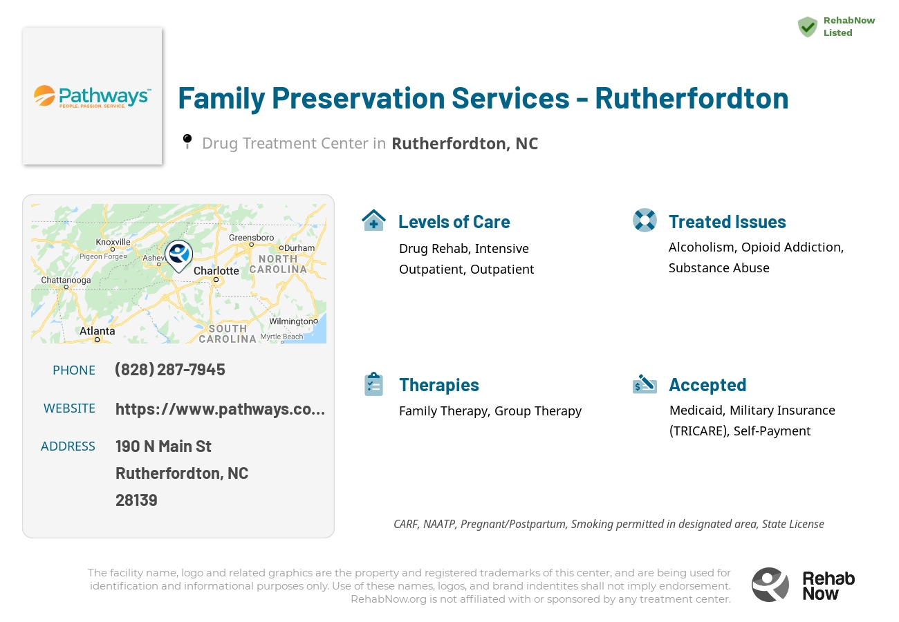 Helpful reference information for Family Preservation Services - Rutherfordton, a drug treatment center in North Carolina located at: 190 N Main St, Rutherfordton, NC 28139, including phone numbers, official website, and more. Listed briefly is an overview of Levels of Care, Therapies Offered, Issues Treated, and accepted forms of Payment Methods.