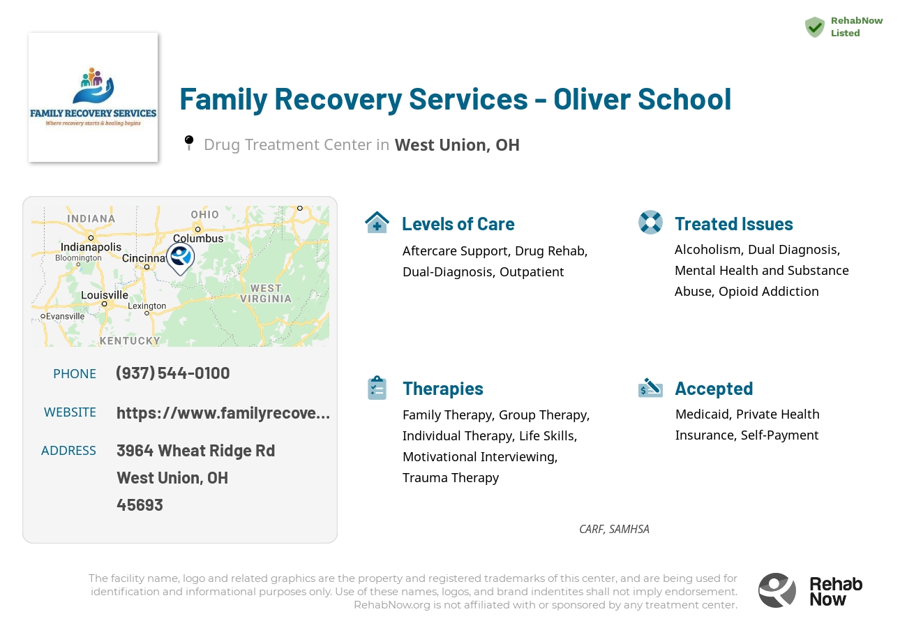 Helpful reference information for Family Recovery Services - Oliver School, a drug treatment center in Ohio located at: 3964 Wheat Ridge Rd, West Union, OH 45693, including phone numbers, official website, and more. Listed briefly is an overview of Levels of Care, Therapies Offered, Issues Treated, and accepted forms of Payment Methods.
