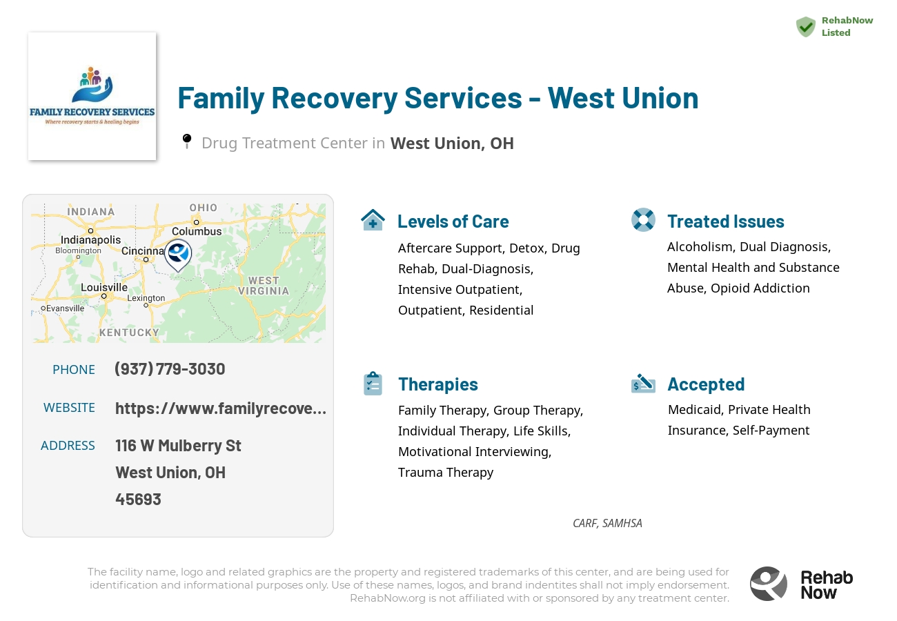 Helpful reference information for Family Recovery Services - West Union, a drug treatment center in Ohio located at: 116 W Mulberry St, West Union, OH 45693, including phone numbers, official website, and more. Listed briefly is an overview of Levels of Care, Therapies Offered, Issues Treated, and accepted forms of Payment Methods.