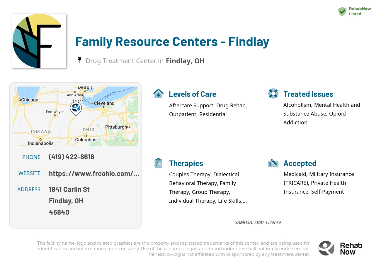 Helpful reference information for Family Resource Centers - Findlay, a drug treatment center in Ohio located at: 1941 Carlin St, Findlay, OH 45840, including phone numbers, official website, and more. Listed briefly is an overview of Levels of Care, Therapies Offered, Issues Treated, and accepted forms of Payment Methods.