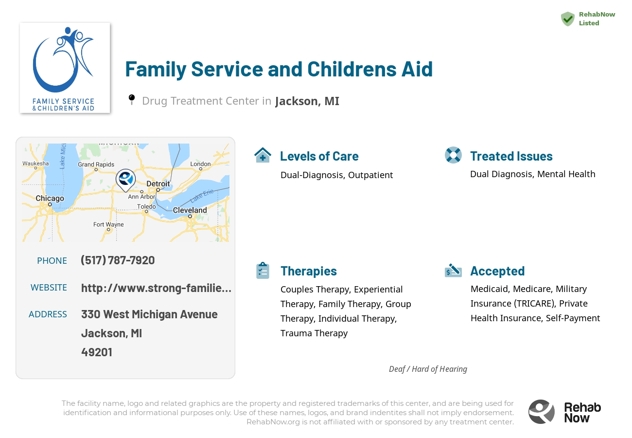 Helpful reference information for Family Service and Childrens Aid, a drug treatment center in Michigan located at: 330 330 West Michigan Avenue, Jackson, MI 49201, including phone numbers, official website, and more. Listed briefly is an overview of Levels of Care, Therapies Offered, Issues Treated, and accepted forms of Payment Methods.