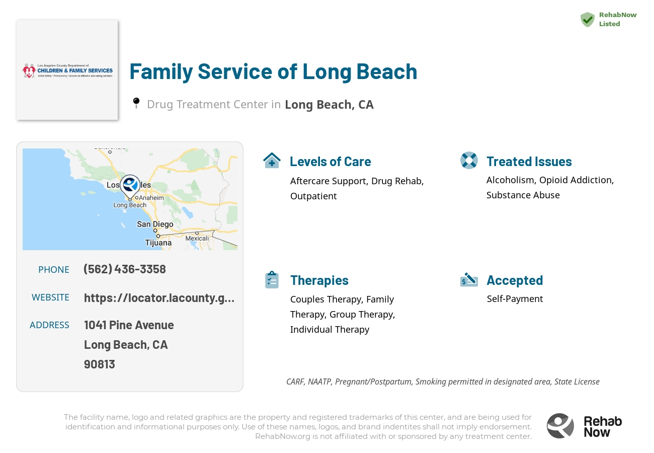 Helpful reference information for Family Service of Long Beach, a drug treatment center in California located at: 1041 Pine Avenue, Long Beach, CA, 90813, including phone numbers, official website, and more. Listed briefly is an overview of Levels of Care, Therapies Offered, Issues Treated, and accepted forms of Payment Methods.