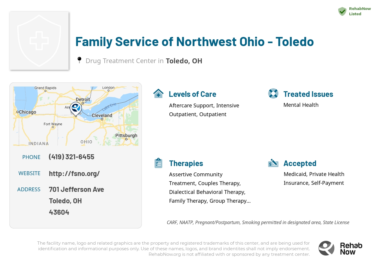 Helpful reference information for Family Service of Northwest Ohio - Toledo, a drug treatment center in Ohio located at: 701 Jefferson Ave, Toledo, OH 43604, including phone numbers, official website, and more. Listed briefly is an overview of Levels of Care, Therapies Offered, Issues Treated, and accepted forms of Payment Methods.