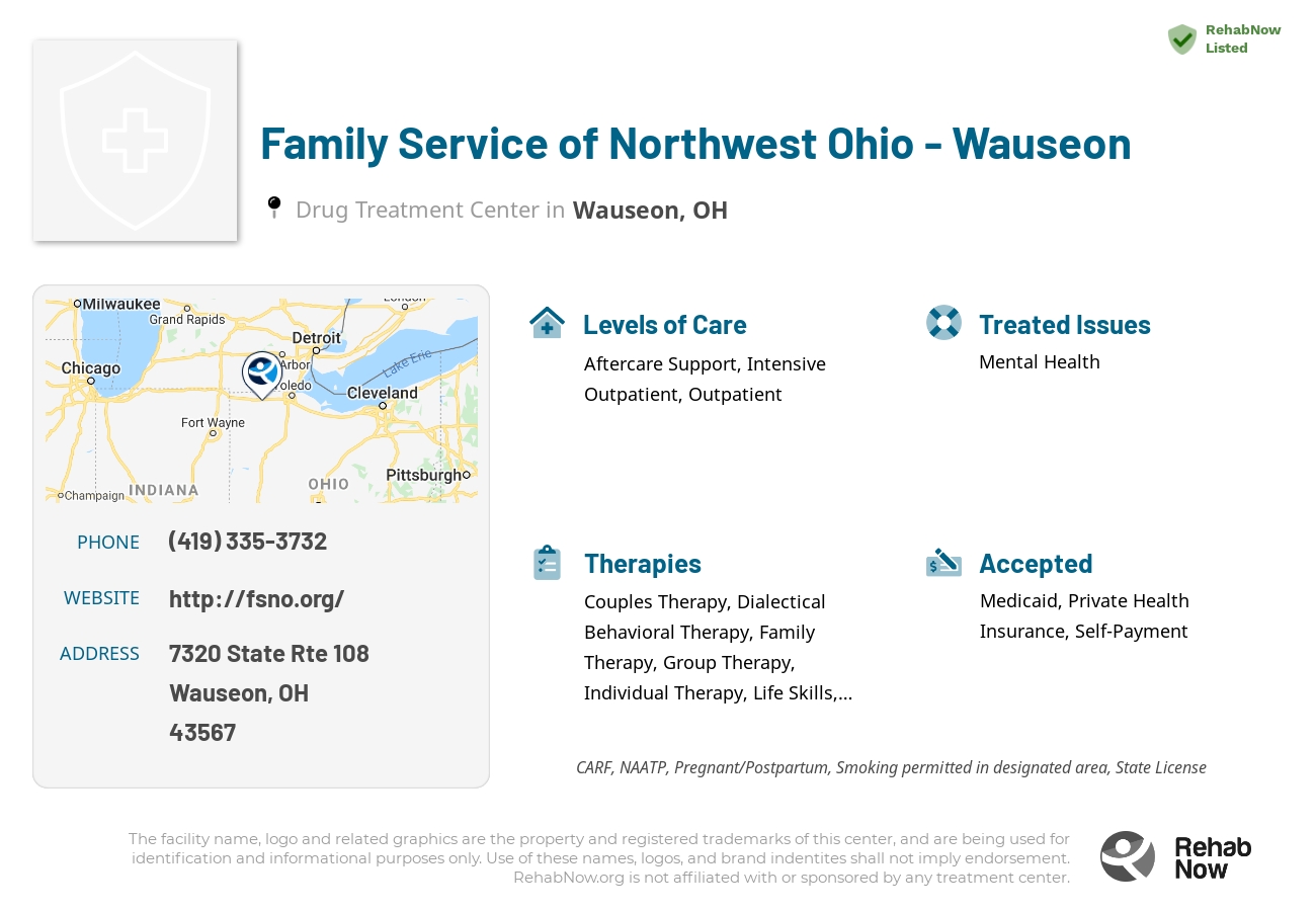 Helpful reference information for Family Service of Northwest Ohio - Wauseon, a drug treatment center in Ohio located at: 7320 State Rte 108, Wauseon, OH 43567, including phone numbers, official website, and more. Listed briefly is an overview of Levels of Care, Therapies Offered, Issues Treated, and accepted forms of Payment Methods.