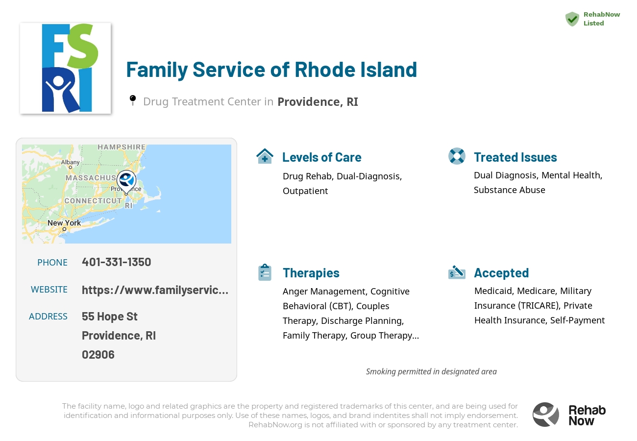 Helpful reference information for Family Service of Rhode Island, a drug treatment center in Rhode Island located at: 55 Hope St, Providence, RI 02906, including phone numbers, official website, and more. Listed briefly is an overview of Levels of Care, Therapies Offered, Issues Treated, and accepted forms of Payment Methods.