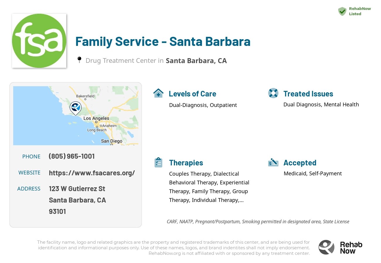 Helpful reference information for Family Service - Santa Barbara, a drug treatment center in California located at: 123 W Gutierrez St, Santa Barbara, CA 93101, including phone numbers, official website, and more. Listed briefly is an overview of Levels of Care, Therapies Offered, Issues Treated, and accepted forms of Payment Methods.