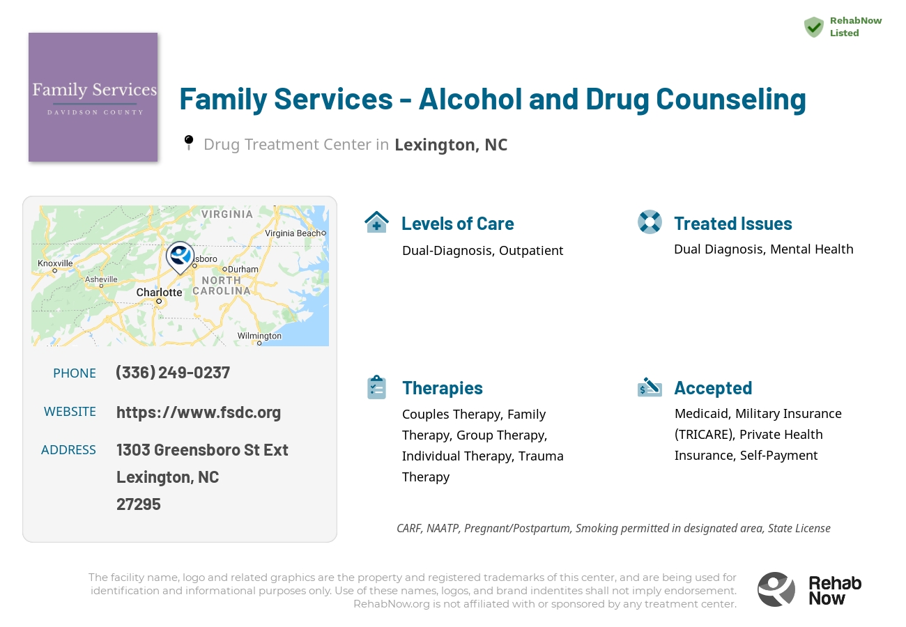 Helpful reference information for Family Services - Alcohol and Drug Counseling, a drug treatment center in North Carolina located at: 1303 Greensboro St Ext, Lexington, NC 27295, including phone numbers, official website, and more. Listed briefly is an overview of Levels of Care, Therapies Offered, Issues Treated, and accepted forms of Payment Methods.