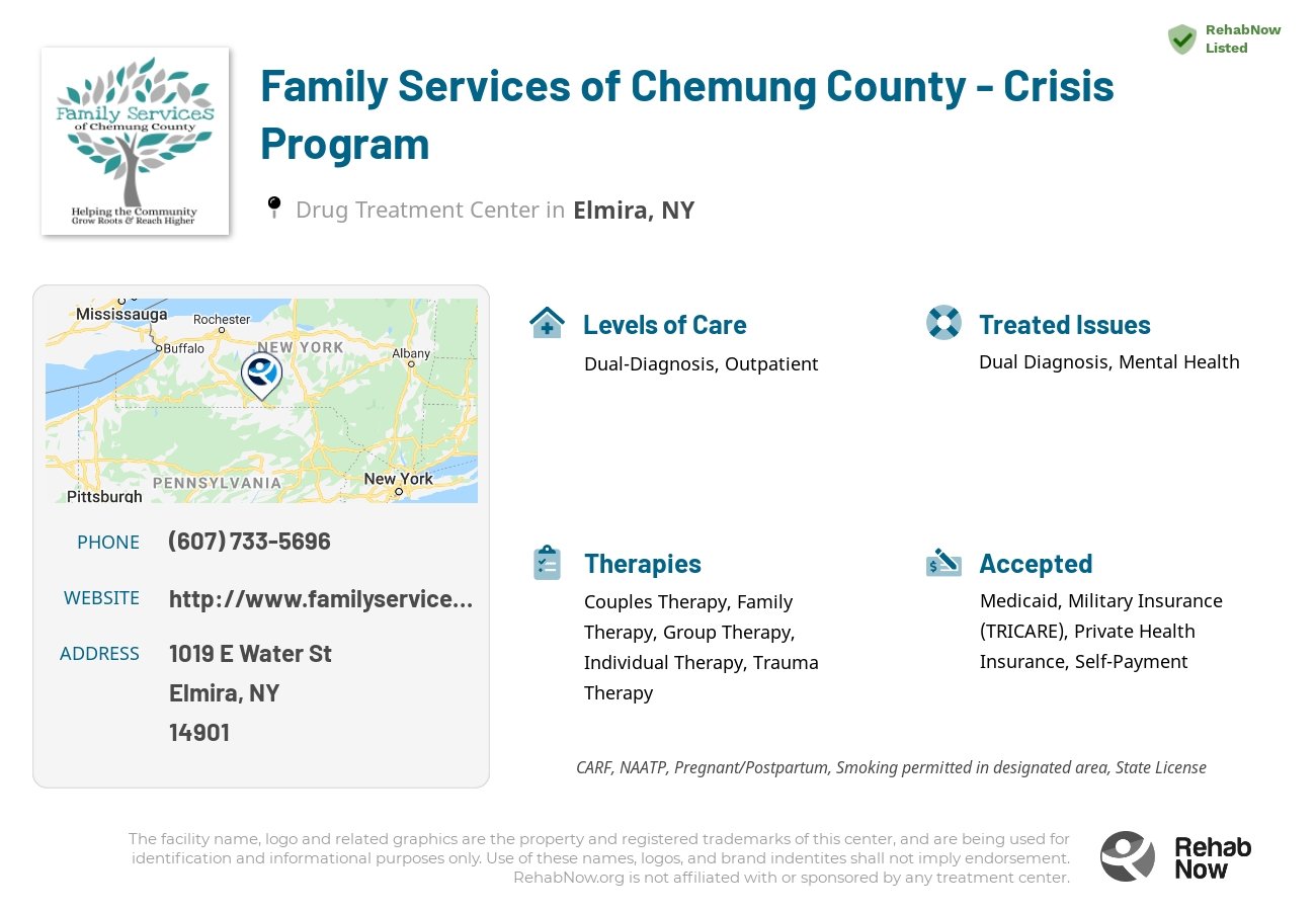 Helpful reference information for Family Services of Chemung County - Crisis Program, a drug treatment center in New York located at: 1019 E Water St, Elmira, NY 14901, including phone numbers, official website, and more. Listed briefly is an overview of Levels of Care, Therapies Offered, Issues Treated, and accepted forms of Payment Methods.