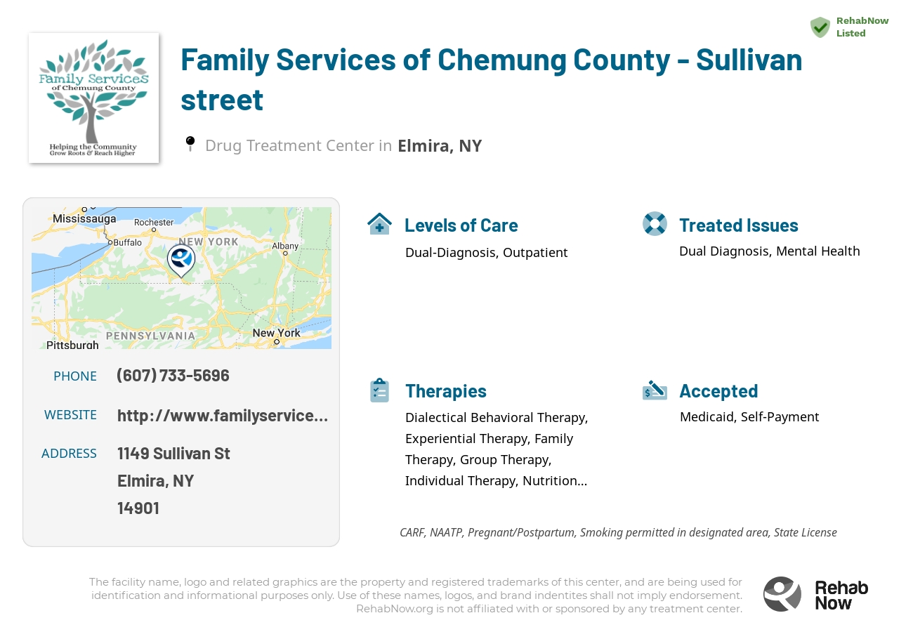 Helpful reference information for Family Services of Chemung County - Sullivan street, a drug treatment center in New York located at: 1149 Sullivan St, Elmira, NY 14901, including phone numbers, official website, and more. Listed briefly is an overview of Levels of Care, Therapies Offered, Issues Treated, and accepted forms of Payment Methods.