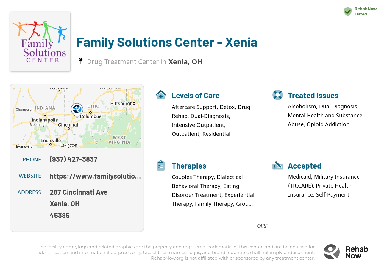 Helpful reference information for Family Solutions Center - Xenia, a drug treatment center in Ohio located at: 287 Cincinnati Ave, Xenia, OH 45385, including phone numbers, official website, and more. Listed briefly is an overview of Levels of Care, Therapies Offered, Issues Treated, and accepted forms of Payment Methods.
