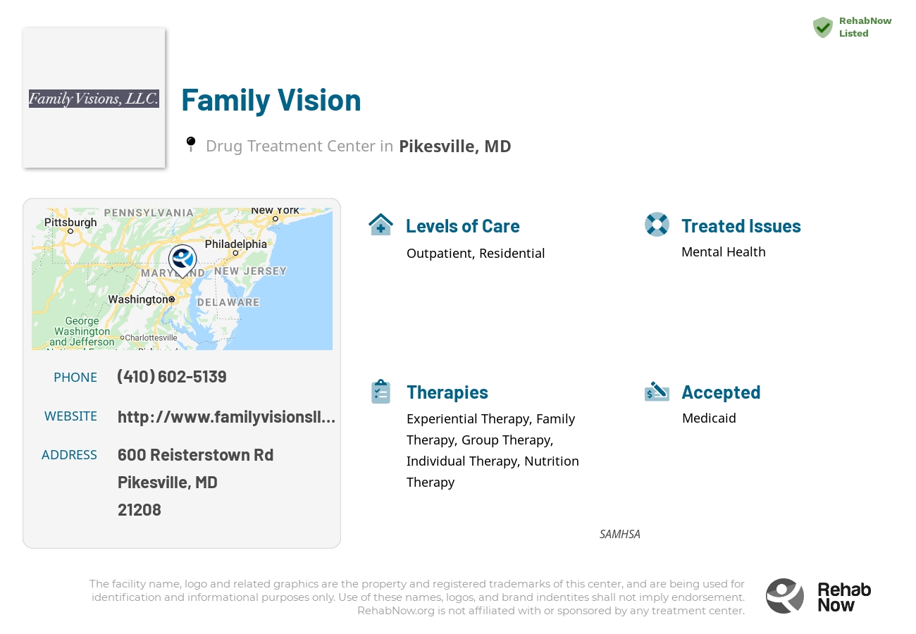 Helpful reference information for Family Vision, a drug treatment center in Maryland located at: 600 Reisterstown Rd, Pikesville, MD 21208, including phone numbers, official website, and more. Listed briefly is an overview of Levels of Care, Therapies Offered, Issues Treated, and accepted forms of Payment Methods.