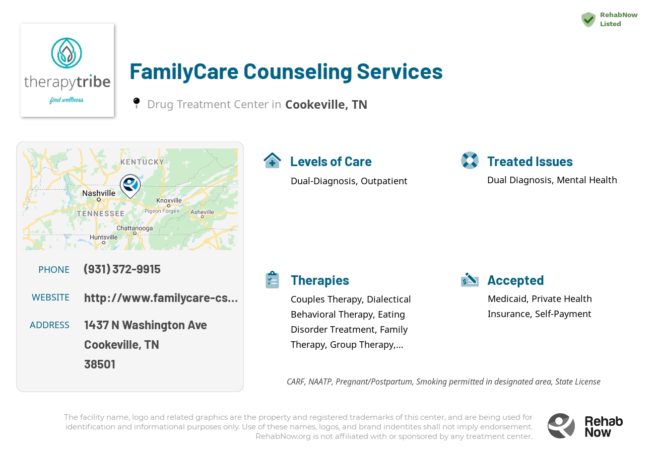 Helpful reference information for FamilyCare Counseling Services, a drug treatment center in Tennessee located at: 1437 N Washington Ave, Cookeville, TN 38501, including phone numbers, official website, and more. Listed briefly is an overview of Levels of Care, Therapies Offered, Issues Treated, and accepted forms of Payment Methods.