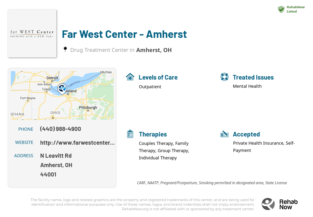 Helpful reference information for Far West Center - Amherst, a drug treatment center in Ohio located at: N Leavitt Rd, Amherst, OH 44001, including phone numbers, official website, and more. Listed briefly is an overview of Levels of Care, Therapies Offered, Issues Treated, and accepted forms of Payment Methods.