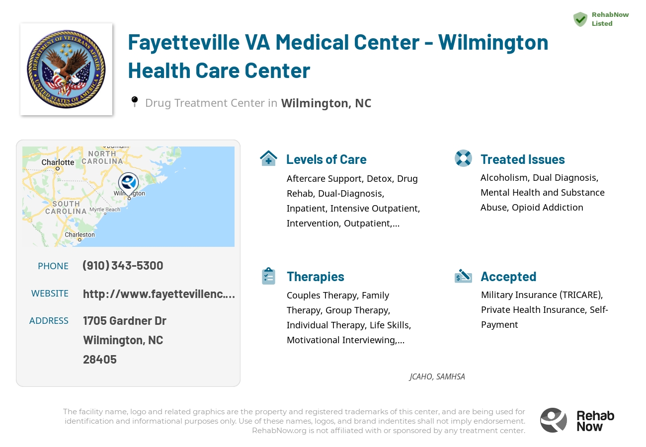 Helpful reference information for Fayetteville VA Medical Center - Wilmington Health Care Center, a drug treatment center in North Carolina located at: 1705 Gardner Dr, Wilmington, NC 28405, including phone numbers, official website, and more. Listed briefly is an overview of Levels of Care, Therapies Offered, Issues Treated, and accepted forms of Payment Methods.