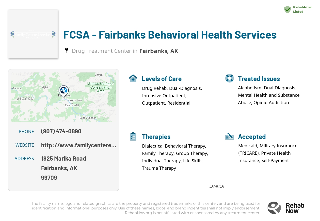 Helpful reference information for FCSA - Fairbanks Behavioral Health Services, a drug treatment center in Alaska located at: 1825 Marika Road, Fairbanks, AK, 99709, including phone numbers, official website, and more. Listed briefly is an overview of Levels of Care, Therapies Offered, Issues Treated, and accepted forms of Payment Methods.