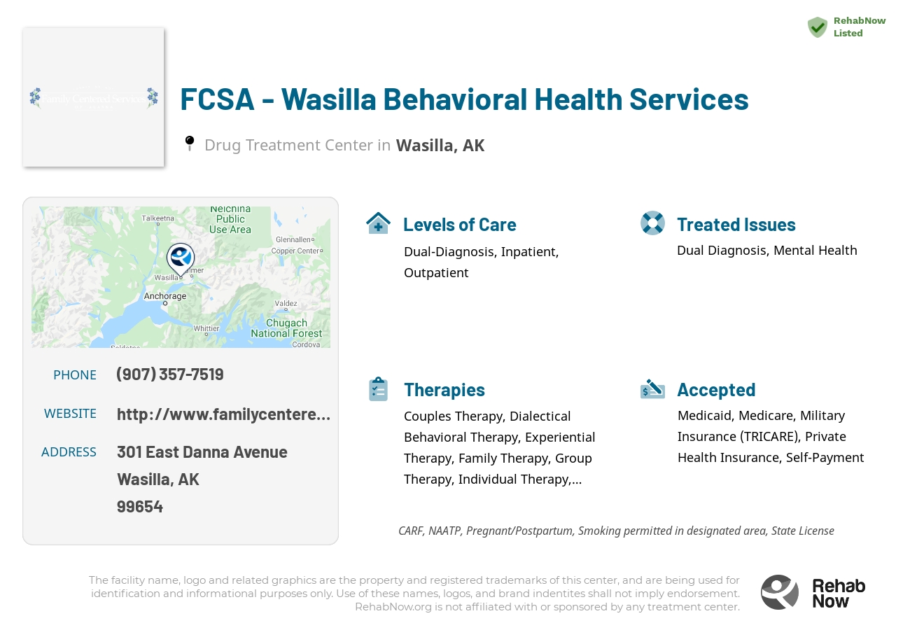 Helpful reference information for FCSA - Wasilla Behavioral Health Services, a drug treatment center in Alaska located at: 301 East Danna Avenue, Wasilla, AK, 99654, including phone numbers, official website, and more. Listed briefly is an overview of Levels of Care, Therapies Offered, Issues Treated, and accepted forms of Payment Methods.