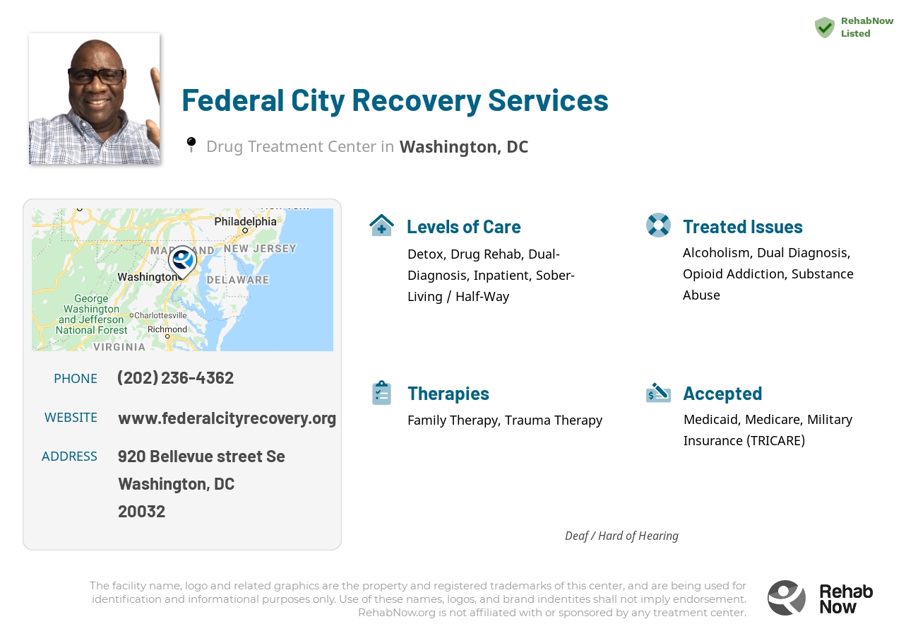 Helpful reference information for Federal City Recovery Services, a drug treatment center in District of Columbia located at: 920 Bellevue street Se, Washington, DC, 20032, including phone numbers, official website, and more. Listed briefly is an overview of Levels of Care, Therapies Offered, Issues Treated, and accepted forms of Payment Methods.