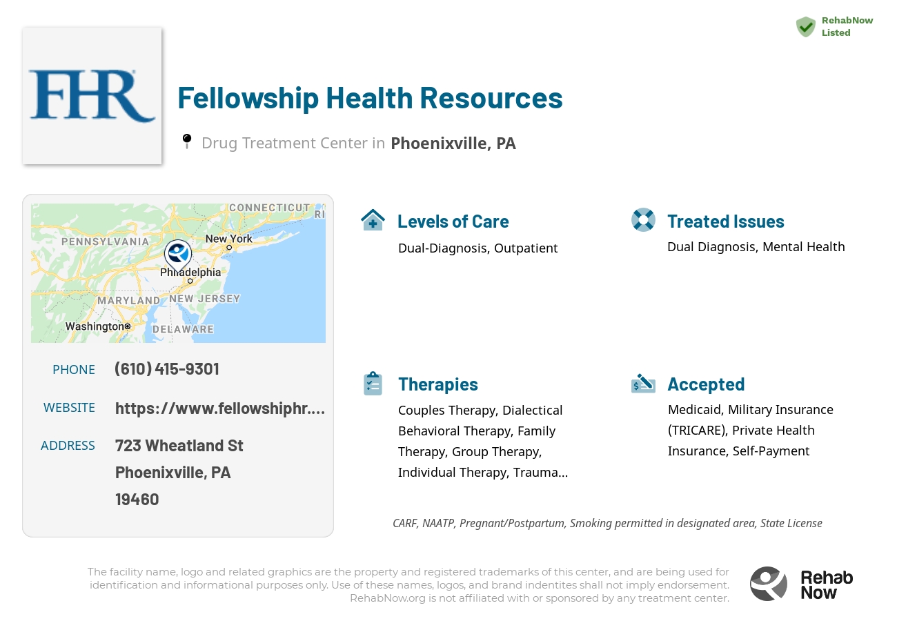 Helpful reference information for Fellowship Health Resources, a drug treatment center in Pennsylvania located at: 723 Wheatland St, Phoenixville, PA 19460, including phone numbers, official website, and more. Listed briefly is an overview of Levels of Care, Therapies Offered, Issues Treated, and accepted forms of Payment Methods.