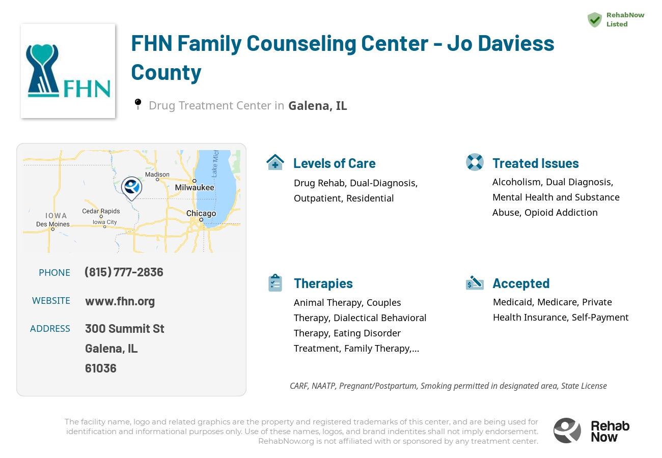 Helpful reference information for FHN Family Counseling Center - Jo Daviess County, a drug treatment center in Illinois located at: 300 Summit St, Galena, IL 61036, including phone numbers, official website, and more. Listed briefly is an overview of Levels of Care, Therapies Offered, Issues Treated, and accepted forms of Payment Methods.