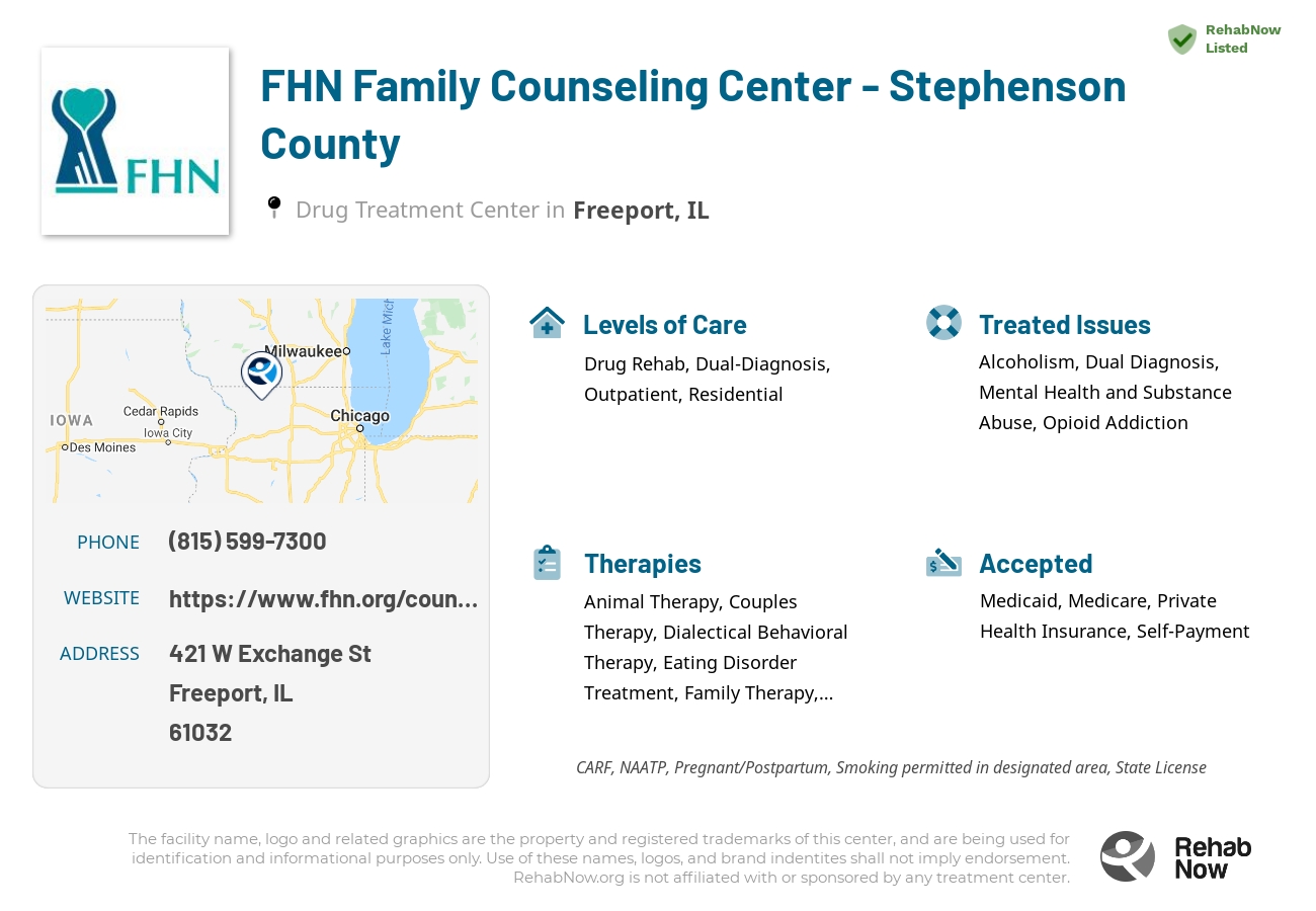 Helpful reference information for FHN Family Counseling Center - Stephenson County, a drug treatment center in Illinois located at: 421 W Exchange St, Freeport, IL 61032, including phone numbers, official website, and more. Listed briefly is an overview of Levels of Care, Therapies Offered, Issues Treated, and accepted forms of Payment Methods.