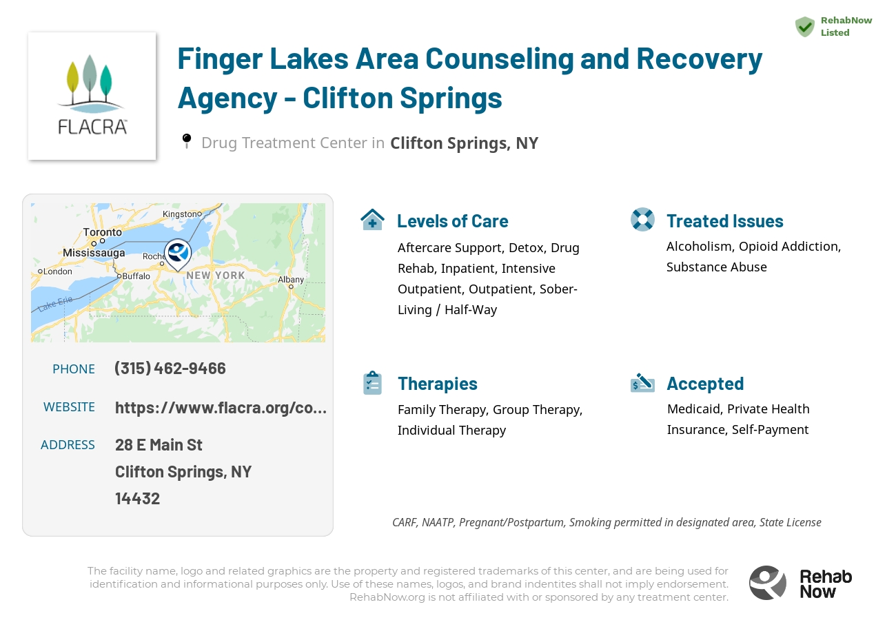 Helpful reference information for Finger Lakes Area Counseling and Recovery Agency - Clifton Springs, a drug treatment center in New York located at: 28 E Main St, Clifton Springs, NY 14432, including phone numbers, official website, and more. Listed briefly is an overview of Levels of Care, Therapies Offered, Issues Treated, and accepted forms of Payment Methods.