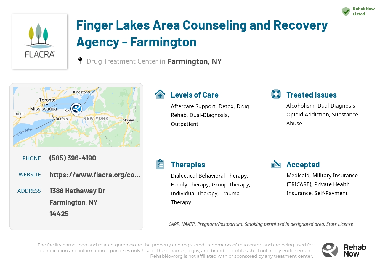 Helpful reference information for Finger Lakes Area Counseling and Recovery Agency - Farmington, a drug treatment center in New York located at: 1386 Hathaway Dr, Farmington, NY 14425, including phone numbers, official website, and more. Listed briefly is an overview of Levels of Care, Therapies Offered, Issues Treated, and accepted forms of Payment Methods.