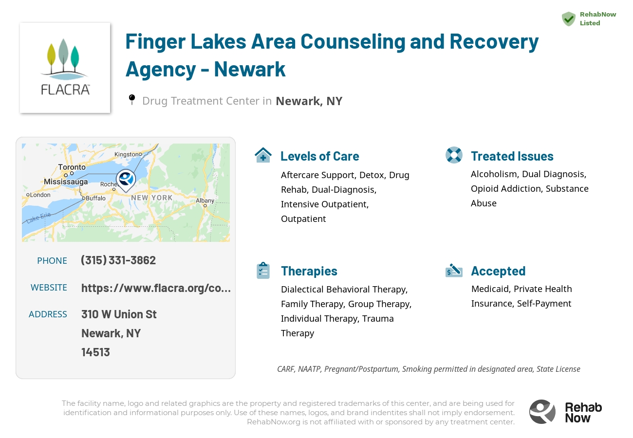 Helpful reference information for Finger Lakes Area Counseling and Recovery Agency - Newark, a drug treatment center in New York located at: 310 W Union St, Newark, NY 14513, including phone numbers, official website, and more. Listed briefly is an overview of Levels of Care, Therapies Offered, Issues Treated, and accepted forms of Payment Methods.