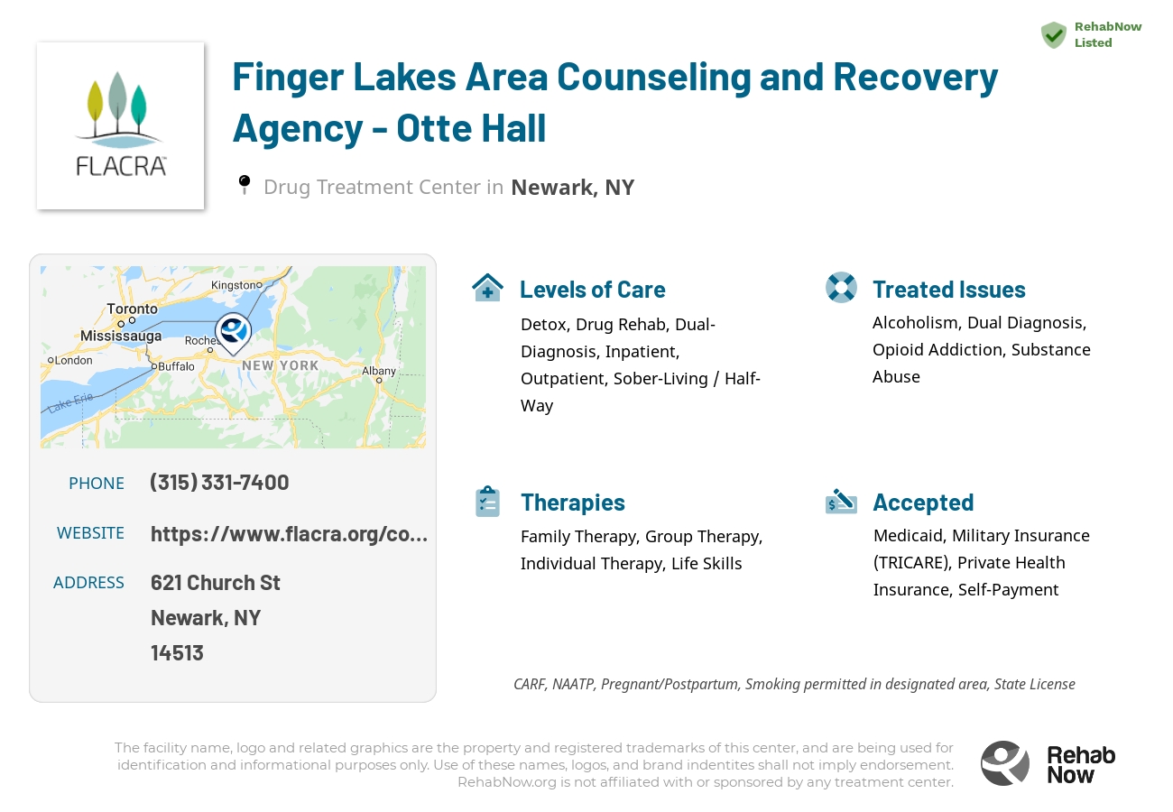 Helpful reference information for Finger Lakes Area Counseling and Recovery Agency - Otte Hall, a drug treatment center in New York located at: 621 Church St, Newark, NY 14513, including phone numbers, official website, and more. Listed briefly is an overview of Levels of Care, Therapies Offered, Issues Treated, and accepted forms of Payment Methods.