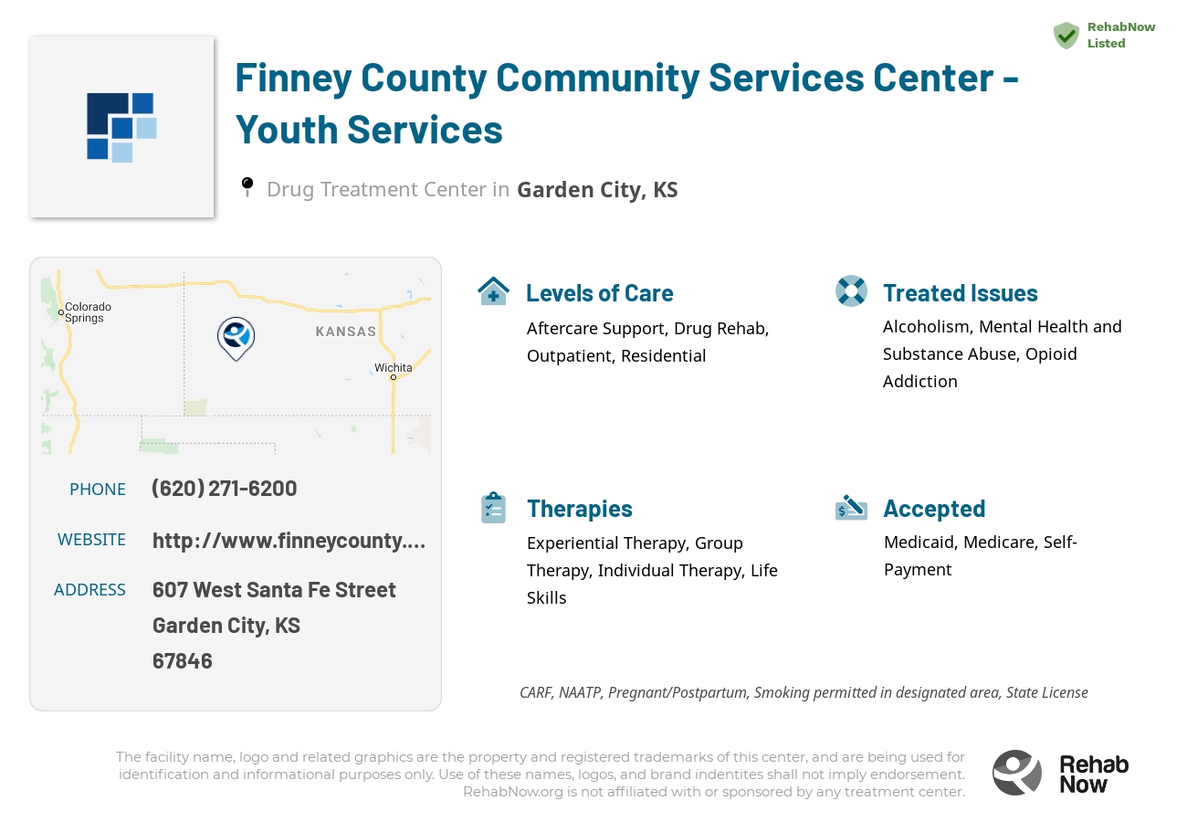 Helpful reference information for Finney County Community Services Center - Youth Services, a drug treatment center in Kansas located at: 607 West Santa Fe Street, Garden City, KS, 67846, including phone numbers, official website, and more. Listed briefly is an overview of Levels of Care, Therapies Offered, Issues Treated, and accepted forms of Payment Methods.