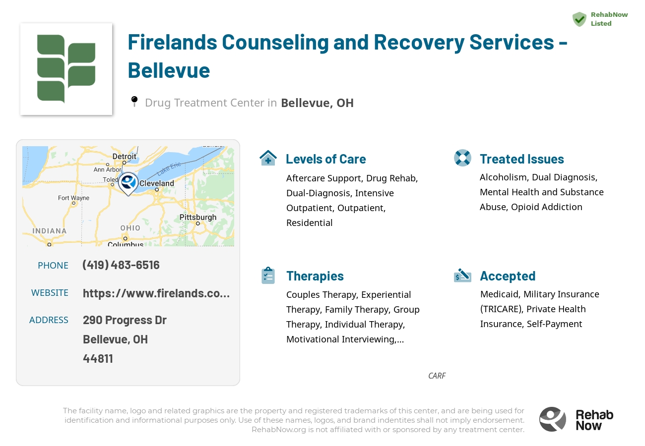 Helpful reference information for Firelands Counseling and Recovery Services - Bellevue, a drug treatment center in Ohio located at: 290 Progress Dr, Bellevue, OH 44811, including phone numbers, official website, and more. Listed briefly is an overview of Levels of Care, Therapies Offered, Issues Treated, and accepted forms of Payment Methods.