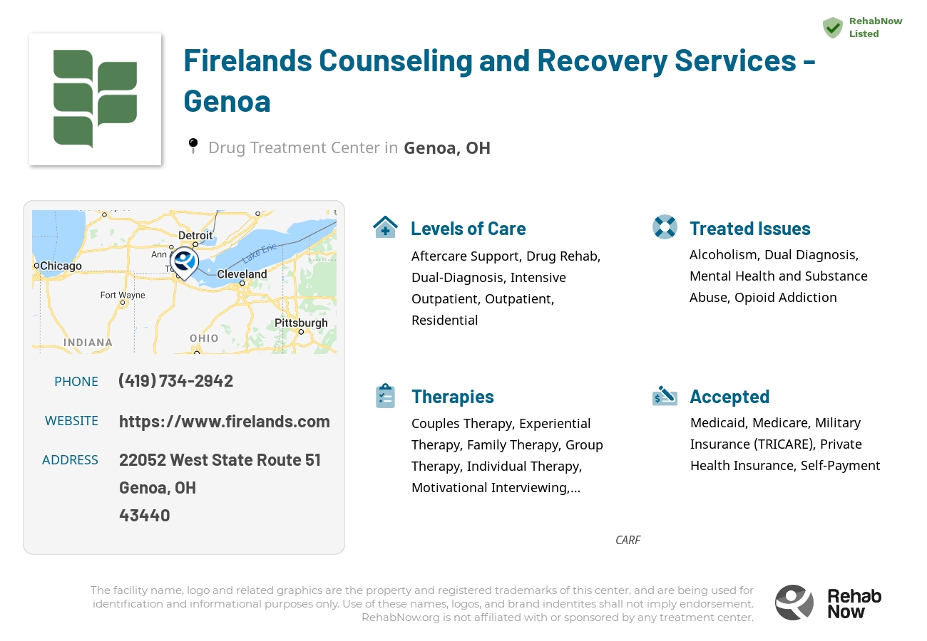Helpful reference information for Firelands Counseling and Recovery Services - Genoa, a drug treatment center in Ohio located at: 22052 West State Route 51, Genoa, OH 43440, including phone numbers, official website, and more. Listed briefly is an overview of Levels of Care, Therapies Offered, Issues Treated, and accepted forms of Payment Methods.