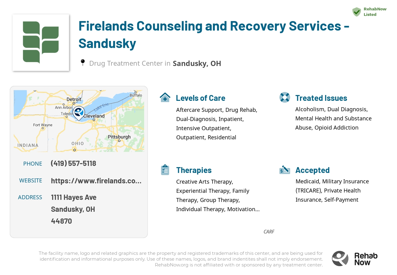 Helpful reference information for Firelands Counseling and Recovery Services - Sandusky, a drug treatment center in Ohio located at: 1111 Hayes Ave, Sandusky, OH 44870, including phone numbers, official website, and more. Listed briefly is an overview of Levels of Care, Therapies Offered, Issues Treated, and accepted forms of Payment Methods.