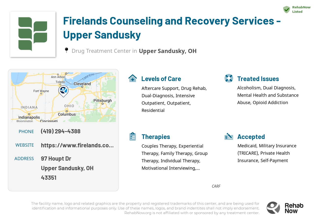 Helpful reference information for Firelands Counseling and Recovery Services - Upper Sandusky, a drug treatment center in Ohio located at: 97 Houpt Dr, Upper Sandusky, OH 43351, including phone numbers, official website, and more. Listed briefly is an overview of Levels of Care, Therapies Offered, Issues Treated, and accepted forms of Payment Methods.