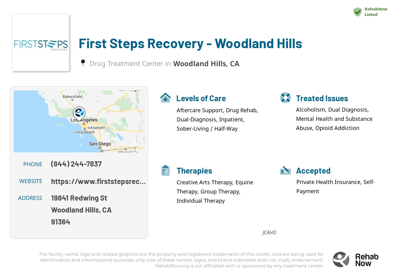 Helpful reference information for First Steps Recovery - Woodland Hills, a drug treatment center in California located at: 19841 Redwing St, Woodland Hills, CA 91364, including phone numbers, official website, and more. Listed briefly is an overview of Levels of Care, Therapies Offered, Issues Treated, and accepted forms of Payment Methods.