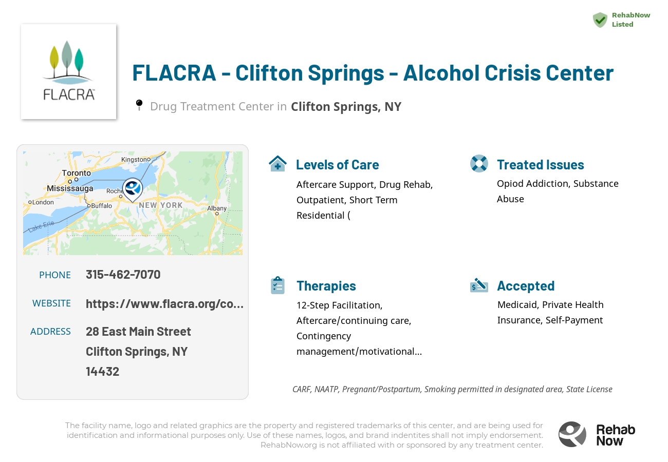 Helpful reference information for FLACRA - Clifton Springs - Alcohol Crisis Center, a drug treatment center in New York located at: 28 East Main Street, Clifton Springs, NY 14432, including phone numbers, official website, and more. Listed briefly is an overview of Levels of Care, Therapies Offered, Issues Treated, and accepted forms of Payment Methods.