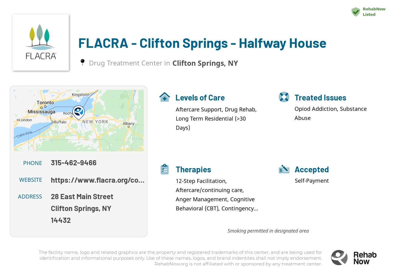 Helpful reference information for FLACRA - Clifton Springs - Halfway House, a drug treatment center in New York located at: 28 East Main Street, Clifton Springs, NY 14432, including phone numbers, official website, and more. Listed briefly is an overview of Levels of Care, Therapies Offered, Issues Treated, and accepted forms of Payment Methods.
