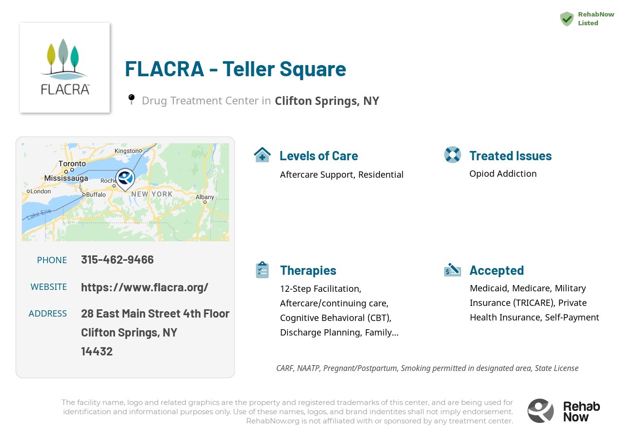 Helpful reference information for FLACRA - Teller Square, a drug treatment center in New York located at: 28 East Main Street 4th Floor, Clifton Springs, NY 14432, including phone numbers, official website, and more. Listed briefly is an overview of Levels of Care, Therapies Offered, Issues Treated, and accepted forms of Payment Methods.
