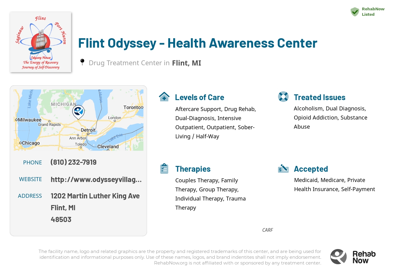 Helpful reference information for Flint Odyssey - Health Awareness Center, a drug treatment center in Michigan located at: 1202 Martin Luther King Ave, Flint, MI, 48503, including phone numbers, official website, and more. Listed briefly is an overview of Levels of Care, Therapies Offered, Issues Treated, and accepted forms of Payment Methods.