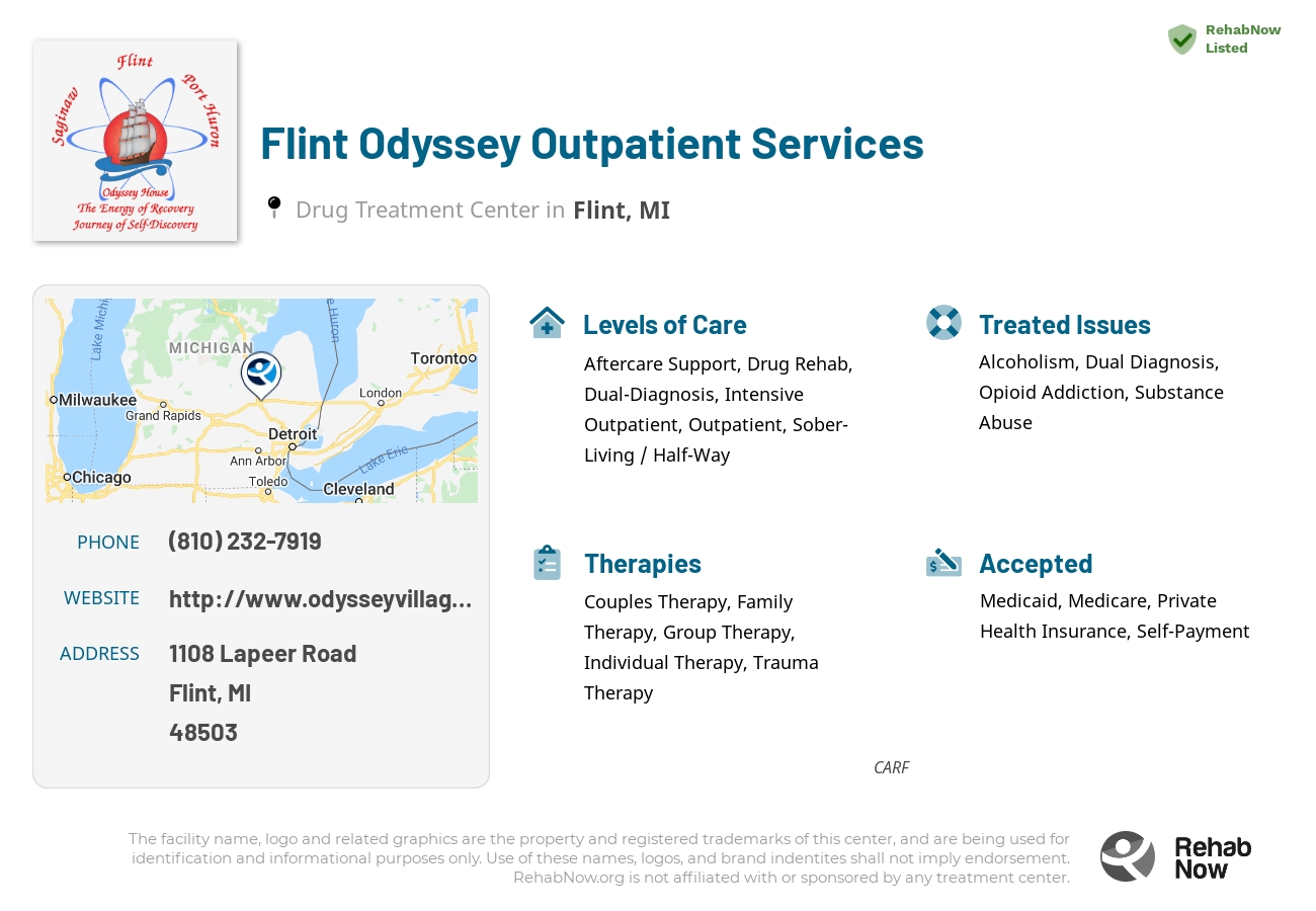 Helpful reference information for Flint Odyssey Outpatient Services, a drug treatment center in Michigan located at: 1108 Lapeer Road, Flint, MI, 48503, including phone numbers, official website, and more. Listed briefly is an overview of Levels of Care, Therapies Offered, Issues Treated, and accepted forms of Payment Methods.