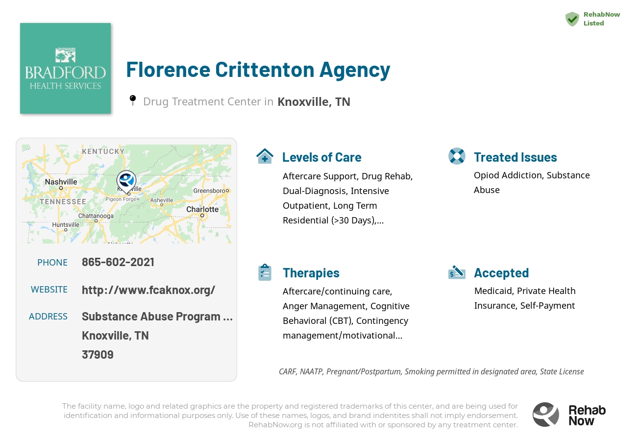 Helpful reference information for Florence Crittenton Agency, a drug treatment center in Tennessee located at: Substance Abuse Program 1531 Dick Lonas Road, Knoxville, TN 37909, including phone numbers, official website, and more. Listed briefly is an overview of Levels of Care, Therapies Offered, Issues Treated, and accepted forms of Payment Methods.