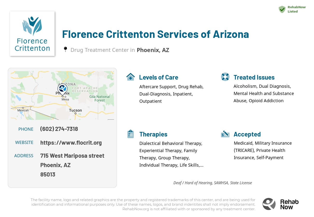Helpful reference information for Florence Crittenton Services of Arizona, a drug treatment center in Arizona located at: 715 West Mariposa street, Phoenix, AZ, 85013, including phone numbers, official website, and more. Listed briefly is an overview of Levels of Care, Therapies Offered, Issues Treated, and accepted forms of Payment Methods.
