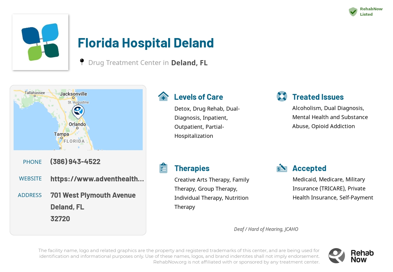 Helpful reference information for Florida Hospital Deland, a drug treatment center in Florida located at: 701 West Plymouth Avenue, Deland, FL, 32720, including phone numbers, official website, and more. Listed briefly is an overview of Levels of Care, Therapies Offered, Issues Treated, and accepted forms of Payment Methods.